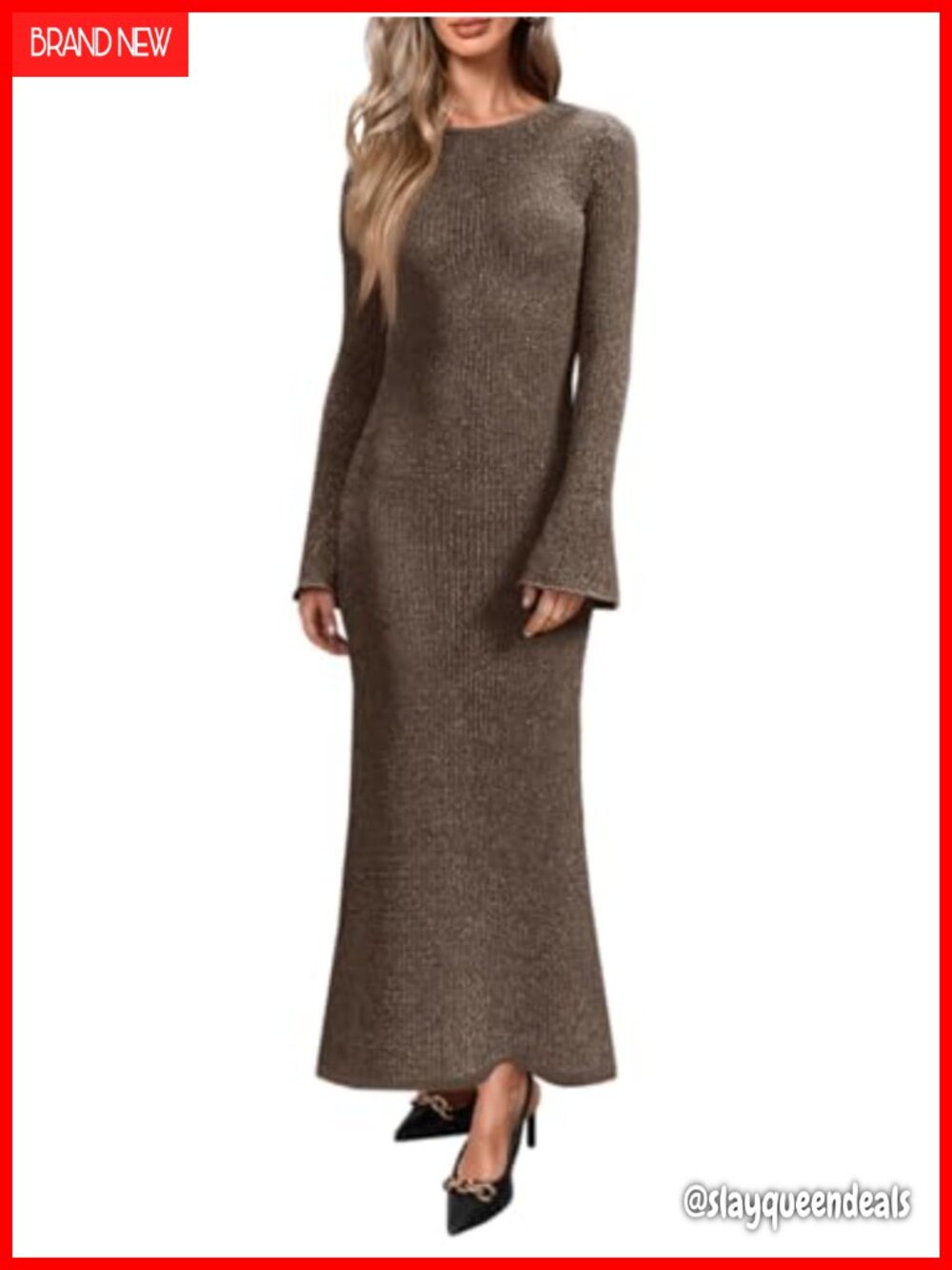 Women's Long Sleeve Crewneck Knit Maxi Dress Slim Fit Bell Sleeve Casual